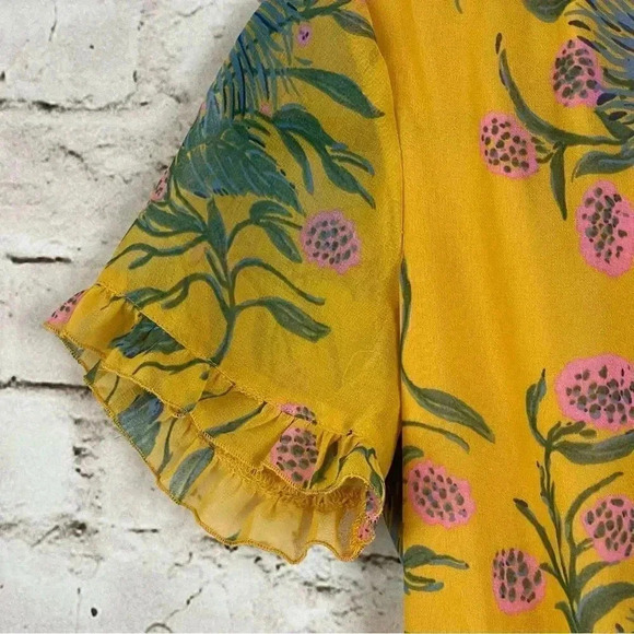 Madewell 00 Sweetgrass Ruffle Sleeve Dress Painted Blooms Yellow Gold Poly J0668 - Picture 4 of 9